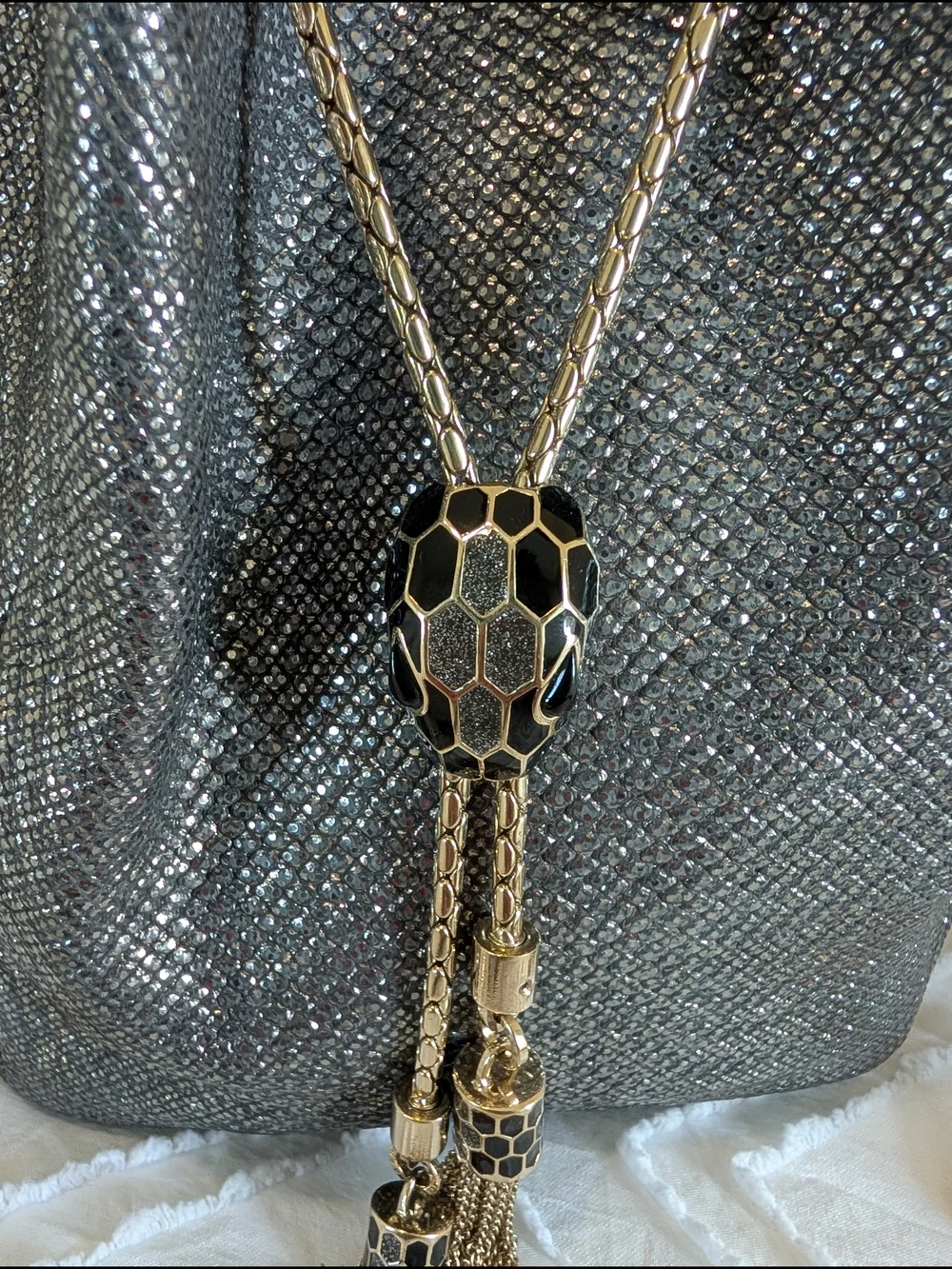 Bvlgari Silver Bucket Drawstring Bag Gold Chain Strap Tassel Accent Designer